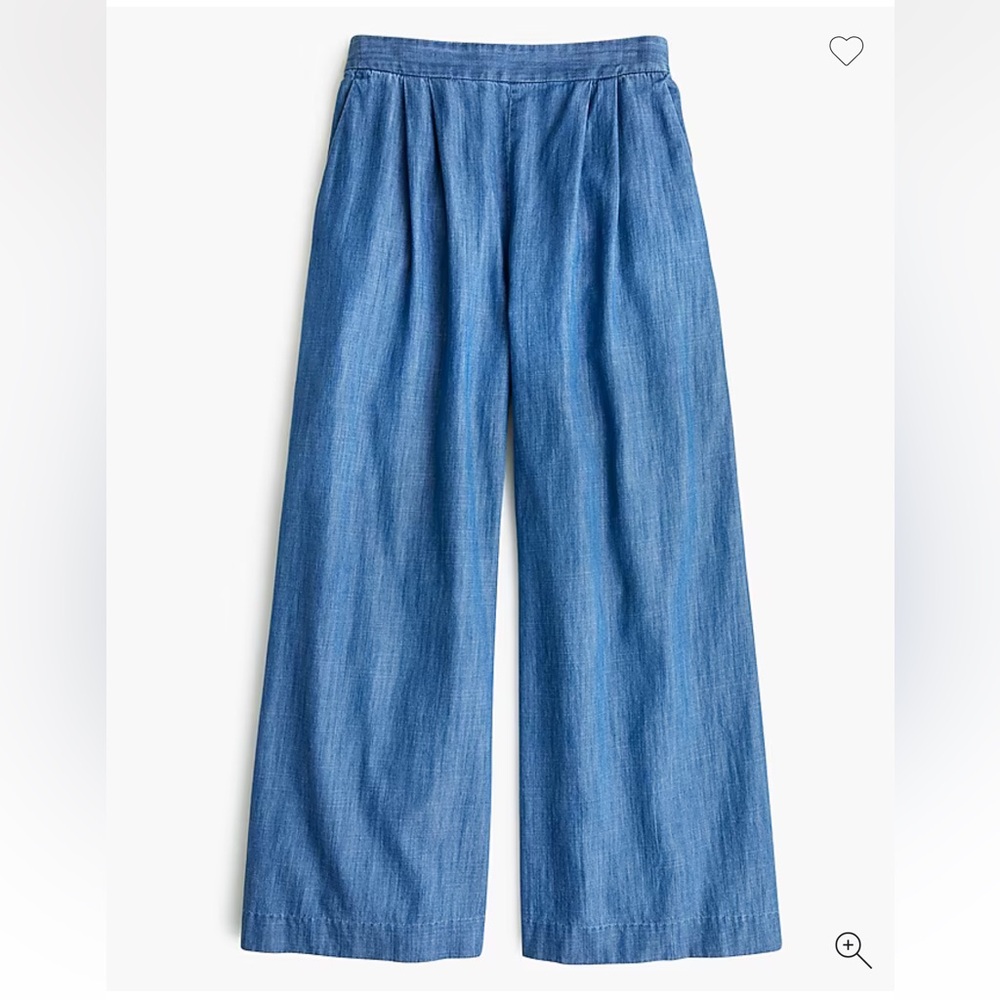 J. Crew Women'se Wide-Leg Cropped Chambray Pants High Rise Pull-On Blue Size 0T
